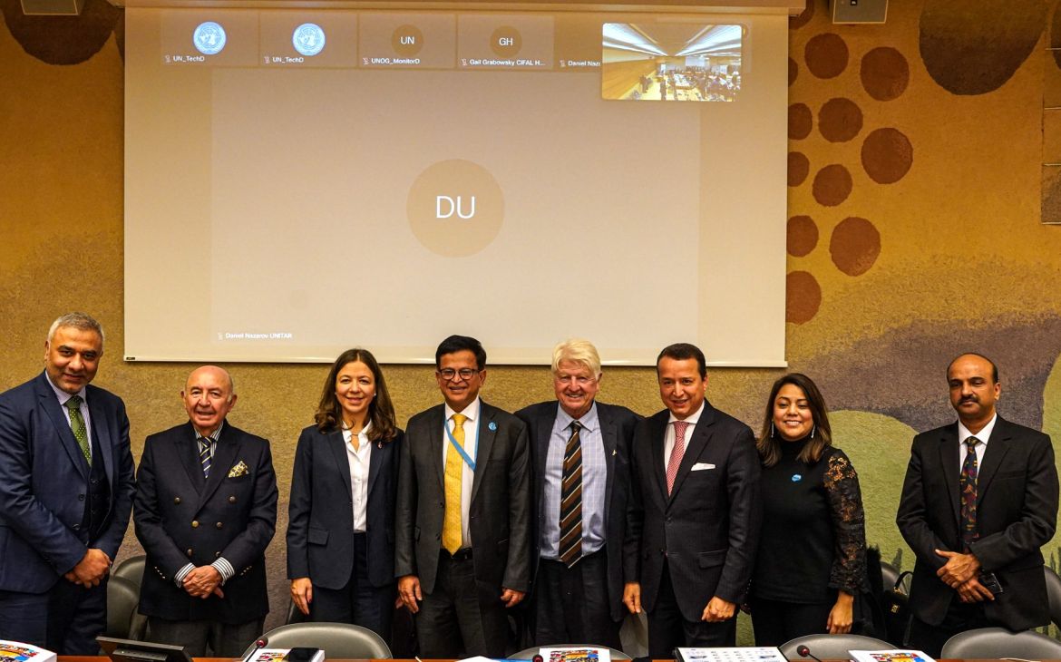 From left to right: Dr. Vishwajeet Rana, H.E Amb. Luis Gallegos, Dr. Başak Akdemir, Mr. Nikhil Seth, Mr. Stanley Johnson, Mr. Alex Mejia, Ms. Estrella Merlos and Dr. Gopi Krishna
