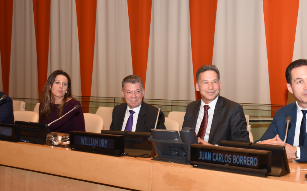 Founder and Managing Partner of ACON Investments Mr. Bernard Aronson, Documentary Creator Ms. Melodie Carli, Former President of Colombia H.E. Mr. Juan Manuel Santos, Conflict Negotiation Adviser and Mediator Mr. William Ury, and Documentary Creator Mr. Juan Carlos Borrero speaking during the panel discussion at the event