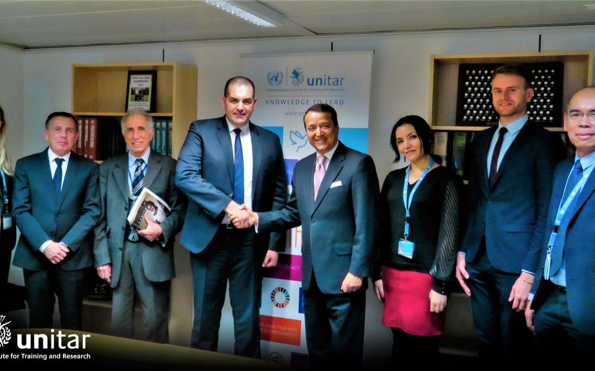 From left to right: Ms. Julia Genth, UNITAR Project Coordinator, Mr. Mehdi Bendimerad, FCE Vice-President, Mr. Mohand Cherifi, UNITAR Senior Adviser, Mr. Mohamed Sami Agli, FCE President, Mr. Alex Mejia, UNITAR Division Director, Ms. Sarah Bencherif, UNITAR Project Coordinator, Mr. Sebastian Hofbauer, UNITAR Programme Coordinator, Mr. Michael Adalla, UNITAR Specialist.
