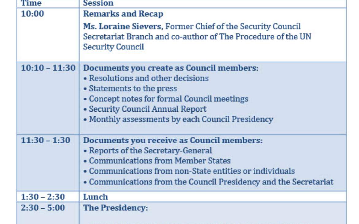 The core programme structure will cover the following areas, and will be adjusted as requested by the newly elected members of the Security Council as per their needs.