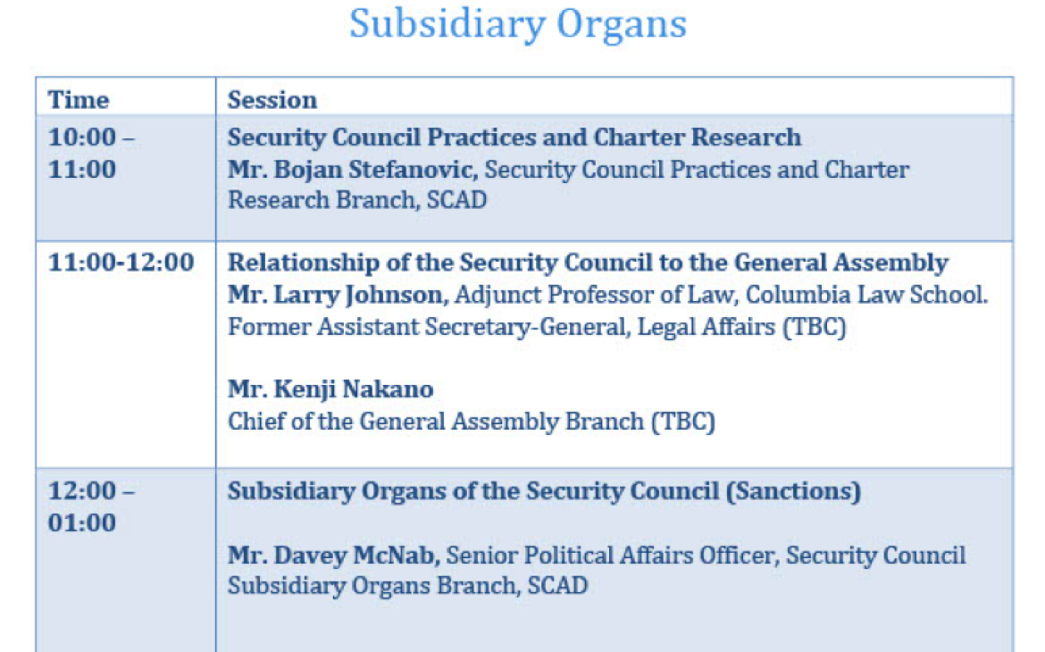 The core programme structure will cover the following areas, and will be adjusted as requested by the newly elected members of the Security Council as per their needs.