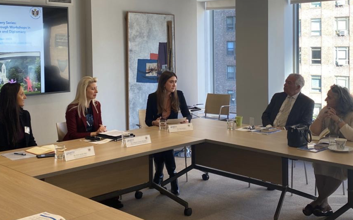 H.E. Ms. Isabelle Picco, H.E. Mr. Marco A. Suazo,  Dr. Gabriela-Cornelia Horosanu, Ms. Kim van der Sluis and Ms. Olga Kurilina discussing module 1: The Neoteric Diplomat