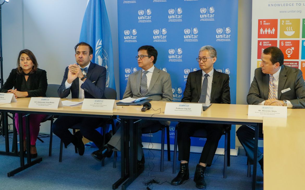 Signing Ceremony CIFAL Singapore - Ms. Estrella Merlos, H.E.Ambassador Umej Bhatia, Mr. Nikhil Seth, Professor Ling San, and Mr. Alexander Mejia
