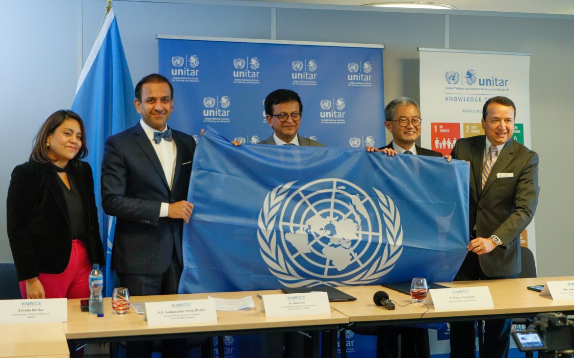 Signing Ceremony CIFAL Singapore - Ms. Estrella Merlos, H.E.Ambassador Umej Bhatia, Mr. Nikhil Seth, Professor Ling San, and Mr. Alexander Mejia