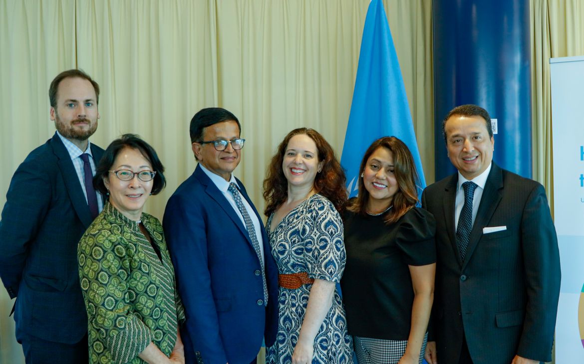 From left to right: Mr. Nicholas Bishop, Ms. Mami Mizutori, Mr. Nikhil Seth, Ms. Sandra Amlang, Ms. Estrella Merlos and Mr. Alex Mejia