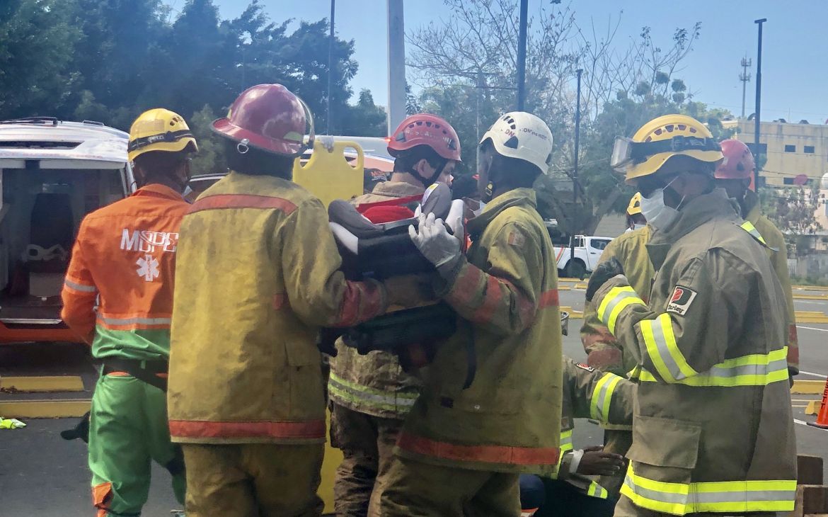 Training activity with firefighters at the scene of a road traffic accident