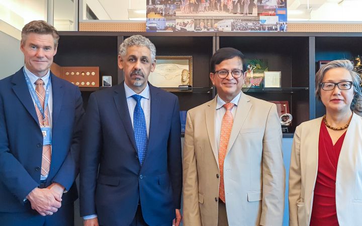 UNITAR-BADEA meeting in Geneva. Left to right: Einar Bjørgo, Director of UNOSAT, UNITAR; Dr Sidi Ould Tah, Director General, BADEA; Nikhil Seth, Executive Director, UNITAR; Mihoko Kumamoto, Director of Division for Prosperity, UNITAR
