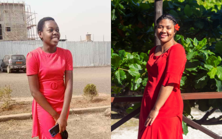Left: Marie-Claire Tohnain in pink dress    Right: Maselina Iuta in red dress 