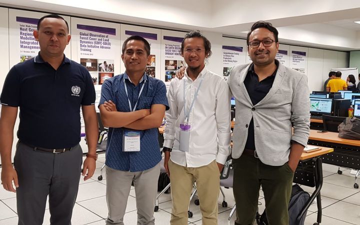 From left to right: Rishiraj Dutta, Emba Tampang Allo, Bormy Chanthong and Khaled Mashfiq (UNITAR-UNOSAT)
