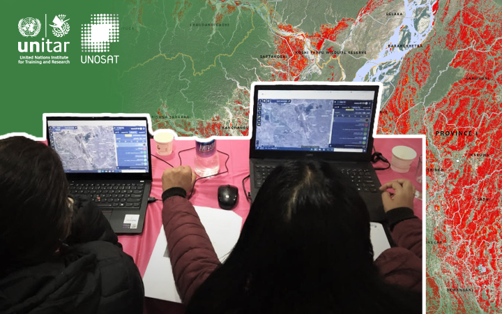 Collage of a map of water extend and photo of trainees