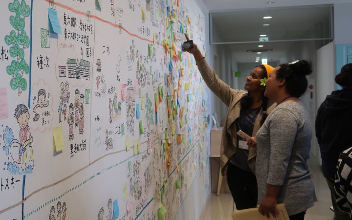 Two UNITAR alum pointing at writings on the wall