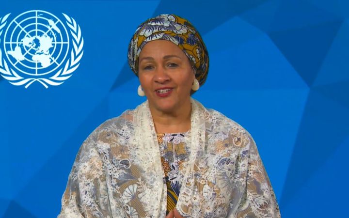 A screenshot of Deputy Secretary General H.E. Ms. Amina J. Mohammed's video