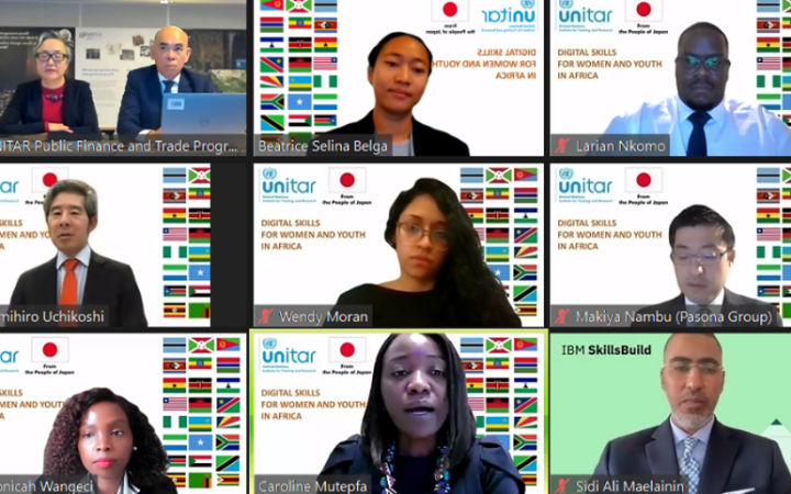 Top row, left to right: Mihoko Kumamoto, Director, Division for Prosperity, UNITAR; Michael Adalla, UNITAR, Larian Nkomo, UNITAR. Second row, left to right: H.E. Ken Okaniwa, Ambassador Extraordinary and Plenipotentiary of Japan in Kenya, Embassy of Japan in Kenya; Wendy Moran, UNITAR; Makiya Nambu, Executive Director, PASONA Group. Third row, left to right: Monicah Wangeci, UNITAR; Caroline Mutepfa, Digital Inclusion Director, Central and Southern Europe, Middle East and Africa (CEMA), Microsoft; Sidi Ali 