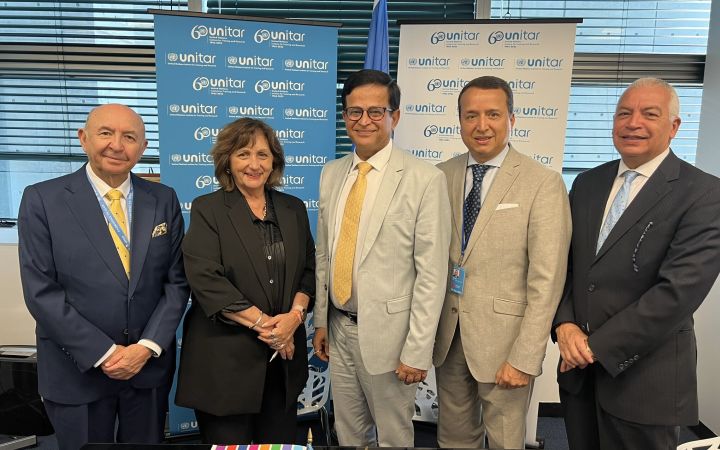 Mr. Seth w/ Ms. Lourdes Luque de Jaramillo, President of  CORPEI, Amb. Luis Gallegos, President of UNITAR Board of Trustees, Mr. Alex Mejia, Director, and UNITAR NYO Head of Office Amb. Marco Suazo