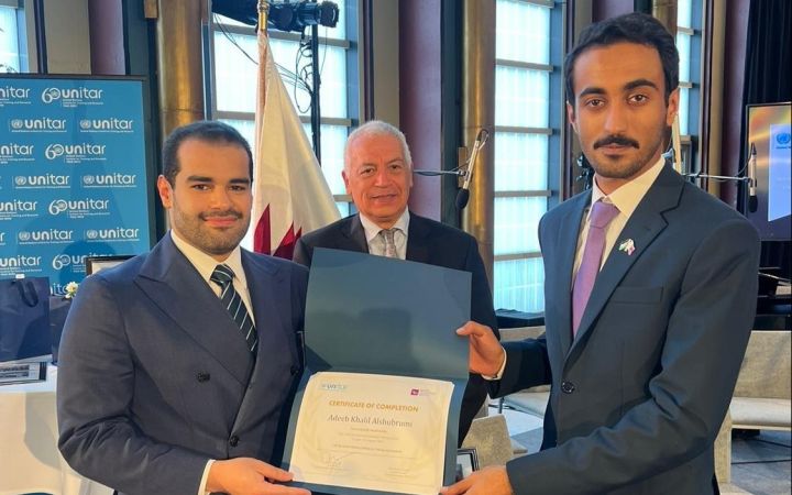 One of the Qatar Fellows with Amb. H.E. Marco Suazo and H.E. Mr. Mohammed Khalifa H. Al-Nasr