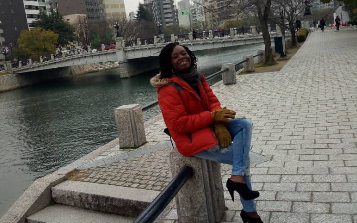 Francine-Blance posing for a photo at Hiroshima Peace Memorial Park