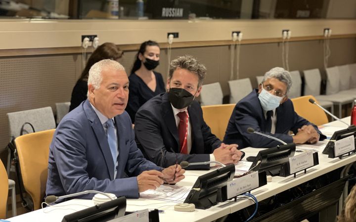 Ambassador Marco Suazo with Swiss DPR H.E. Mr. Adrian Hauri and Mr. Chandramouli Ramanathan, Controller/ASG DMSPC	