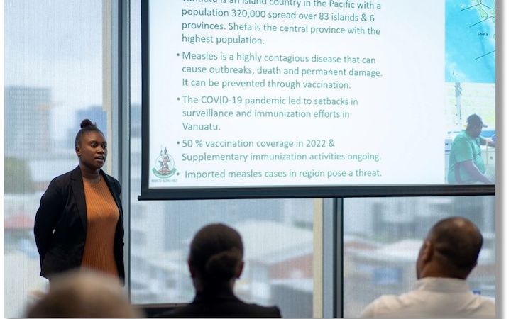 Ms Aleesha Kalulu presenting ‘Vaccine preventable disease surveillance training for sentinel site staff in Shefa Province, Vanuatu’