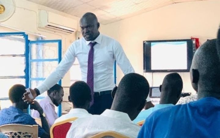 Khamis, as a facilitator at a workshop organized at the American Corner University of Juba, 2020