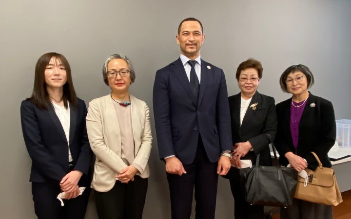 L-R: Yoshimi Yamahira（Professor at Hiroshima City University), Mihoko Kumamoto (Director, UNITAR Division for Prosperity), Koji Murofushi  (Commissioner, Japan Sports Agency), Tokie Kamimura（President, NPO Hiroshima Yokogawa Sports and Culture Club）, Yuko Doi（Director, NPO Hiroshima Yokogawa Sports and Culture Club）