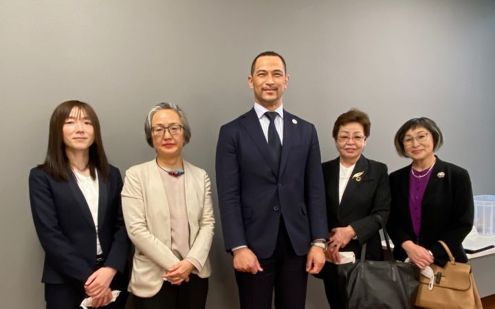 L-R: Yoshimi Yamahira（Professor at Hiroshima City University), Mihoko Kumamoto (Director, UNITAR Division for Prosperity), Koji Murofushi  (Commissioner, Japan Sports Agency), Tokie Kamimura（President, NPO Hiroshima Yokogawa Sports and Culture Club）, Yuko Doi（Director, NPO Hiroshima Yokogawa Sports and Culture Club）