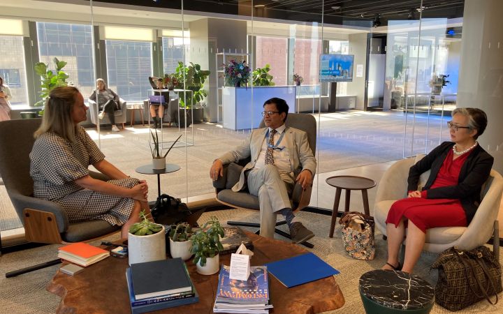 L-R Kate BEHNCKEN, Corporate Vice President, Microsoft Philanthropies; Nikhil SETH, United Nations Assistant Secretary-General, Executive Director, UNITAR; Mihoko KUMAMOTO, Director Division for Prosperity, UNITAR