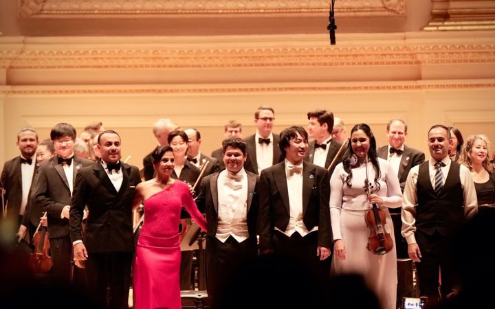 Left to right: Mr. Runyin Zhang, Concertmaster; Mr. Andrés Bravo, Dancer; Ms. Carolina Juanena, Dancer; Mr. Jorge Soto, Conductor; Mr. Byron Wei-Xin Zhou, Piano Soloist; Ms. Aisha Syed Castro, Violin Soloist; Mr. Rodolfo Marcelo Zanetti, Bandonéon Soloist