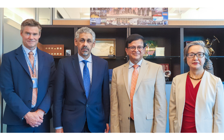 UNITAR-BADEA meeting in Geneva. Left to right: Einar Bjørgo, Director of UNOSAT, UNITAR; Dr. Sidi Ould Tah, Director General, BADEA; Nikhil Seth, Executive Director, UNITAR; Mihoko Kumamoto, Director of Division for Prosperity, UNITAR
