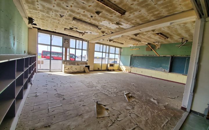 Disaster-stricken classroom at Arahama Elementary School, Miyagi, Japan