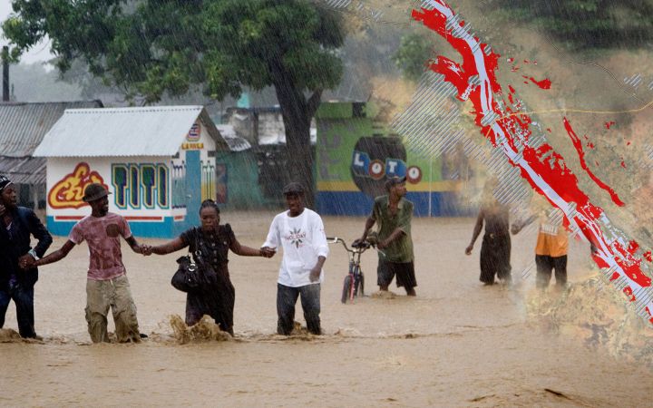 Photo of people walking in knee-high waters and map of satellite imagery analysis of a flooded river.