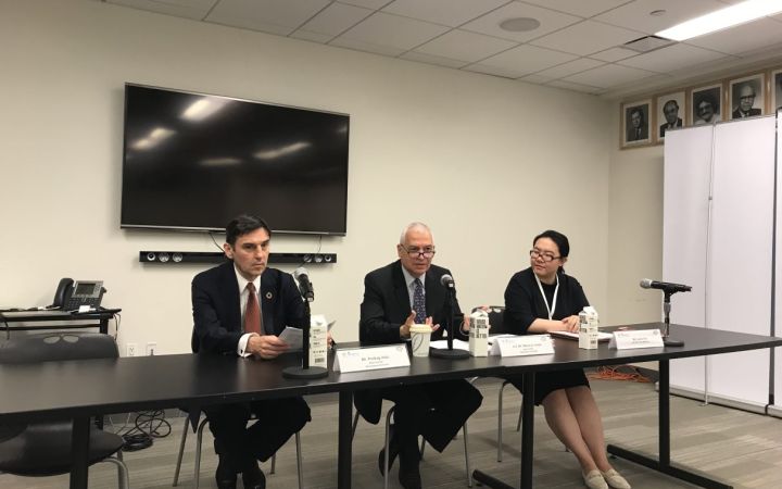 Opening Remark. From left to right: Mr. Predrag Vasic, H.E. Mr. Marco Suazo, Ms. Lucia Guo