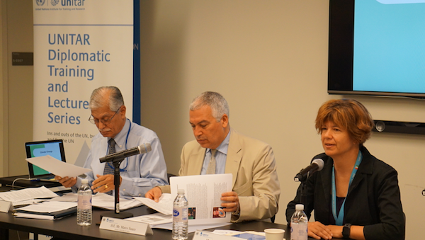 Facilitators of the seminar, Narinder Kakar (left), Marco A.Suazo (center), and Valeria Biagiotti (right)  (Photo – UNITAR)